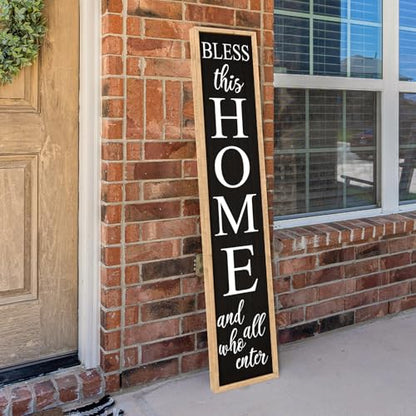 Welcome Sign for Front Door, Wood Black, 45"X9" - color: Bless this Home And All Who Enter(Wood Black)