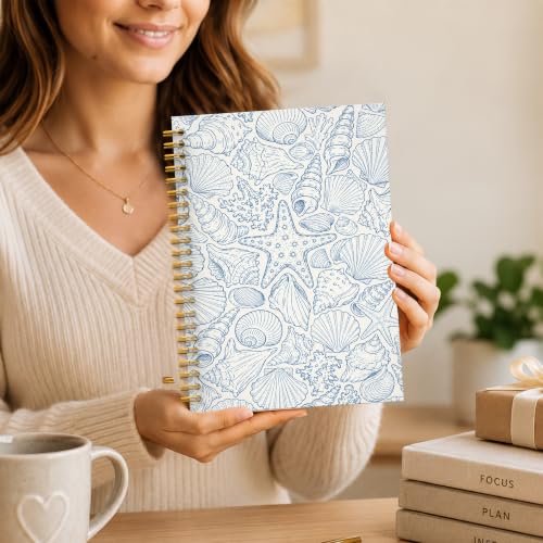 JMICTUB Blue Coastal Beach Spiral Notebook 5.5x8.3, Ocean Nautical Seashell Starfish Marine Biology Hardcover Lined Journal - color: Spiral notebook-15