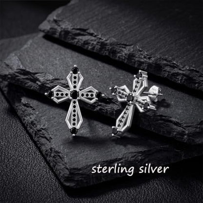 Sterling Silver Dainty Cross Earrings For Women, Christian Religious Faith Cubic Zirconia Stud Earrings - color: black zirconia
