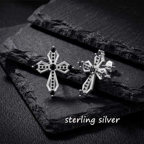 Sterling Silver Dainty Cross Earrings For Women, Christian Religious Faith Cubic Zirconia Stud Earrings - color: black zirconia