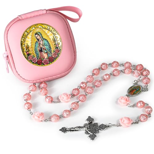 Handmade Rosary Beads for Women, Elegant Catholic Gifts for First Communion, Confirmation & Spiritual Prayer, Unique Beaded Rosary Necklace with Zippered Case - color: Pink - Our Lady of Guadalupe