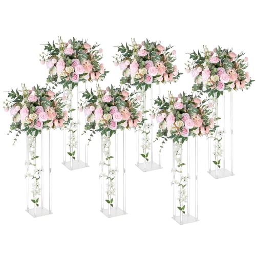 6 Pieces Tall Acrylic Vase Wedding Centerpieces Clear Flower Stand Column Geometric Floral Vase Elegant Display Holder for Birthday Party Wedding Table Decorations(6, 16 Inch) - size: 16 Inch