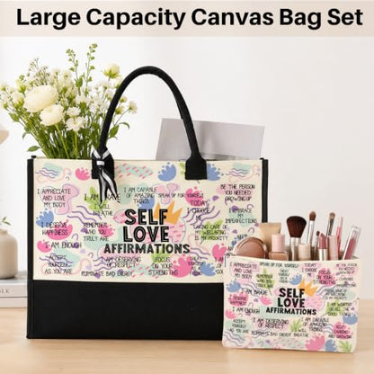 jeilink Inspirational Religious Gifts Boss Mom Birthday Christmas Tote Bag Canvas Reusable Grocery Beach Tote Black Pink - color: Self Love Affirmations 1709