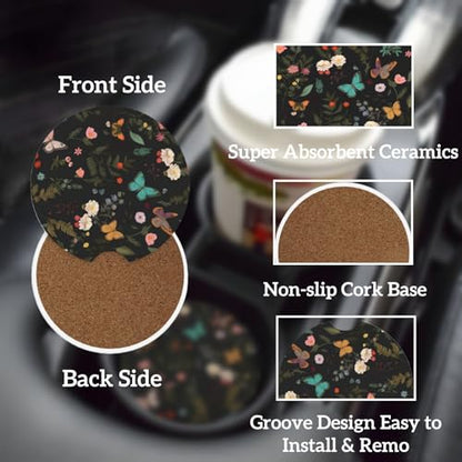 Ceramic Car Cup Coasters 2PCS - Flower Butterfly - color: Flower Butterfly