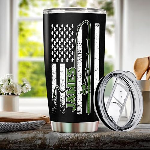 Personalized Fishing Gifts for Men American Flag Insulated Stainless Steel 20oz With Lid Travel Cup Coffee Mug Fish Tumbler Gift for Fisherman Him Dad Husband - color: FISHING