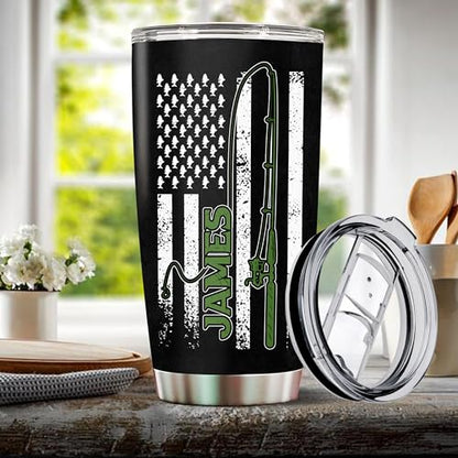 Personalized Fishing Gifts for Men American Flag Insulated Stainless Steel 20oz With Lid Travel Cup Coffee Mug Fish Tumbler Gift for Fisherman Him Dad Husband - color: FISHING