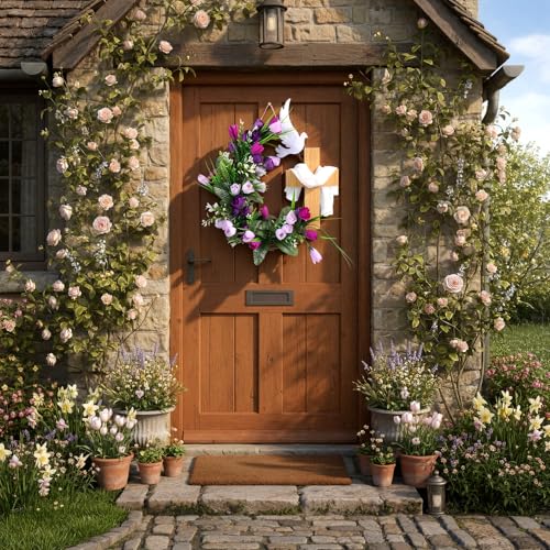 Cinnvoice Easter Cross Wreath Artificial Front Door Wreath - style: Easter Cross