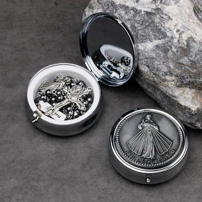 HanlinCC Divine Mercy Catholic Rosary Necklace with Steel Gift Box - color: Hematite Divine Mercy