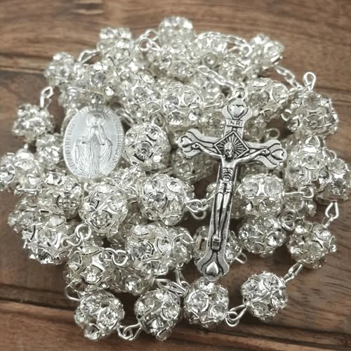 Nazareth Store Colorful Zirconia Crystal Beads Rosary Silver Catholic Necklace with Miraculous Medal Cross Crucifix Multicolor Rosaries in Velvet Bag - color: Clear
