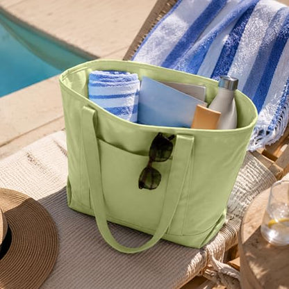 DALIX 20" Solid Color Cotton Canvas Shopping Tote Bag in Light Green - color: Light Green