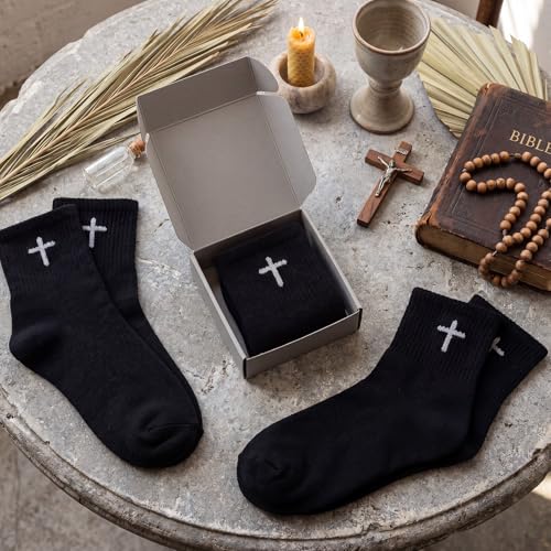 Skicuff 6/9 Pairs Christian Cross Socks Prayer Crew Stockings - color: Black