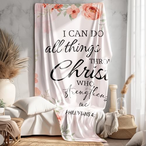 Pink Floral Christian Blanket, I Can Do All Things Through Christ Inspirational Bible Verse Throw Blankets Gifts for Bed Couch Bedroom Room Decor, Christian Gifts for Women, 50x60 Inches - color: Christ