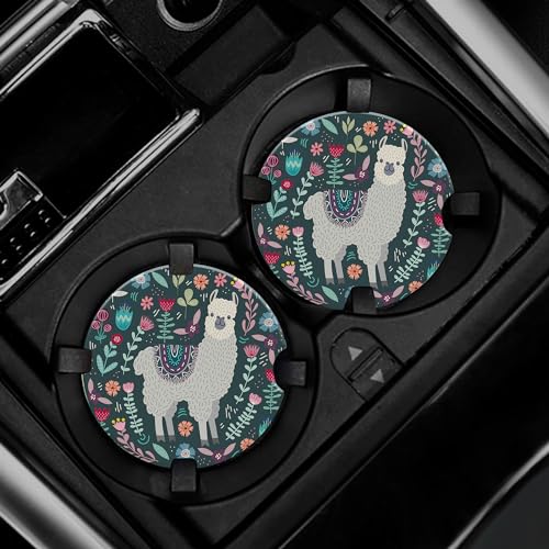 Car Cup Holder Coasters,Cute Llama Floral Car Coaster for Cup Holders Insert Ceramic Drink Mat Car Interior Decor Accessories 2Pcs 2.56 Inch - color: Cute Llama Floral