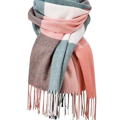 Clothirily Womens Winter Scarf, Oversized Long Blanket Plaid Shawl Wrap - color: Pink Green Lattice