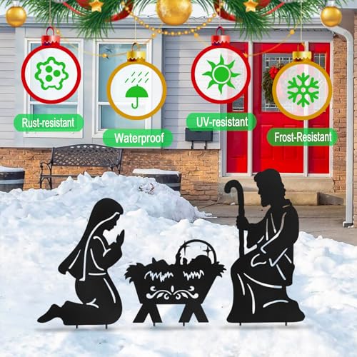 Nativity Scene Outdoor,Black Silhouette Metal Nativity Set for Yard Stakes - color: Nativity-black