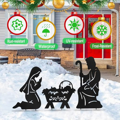 Nativity Scene Outdoor,Black Silhouette Metal Nativity Set for Yard Stakes - color: Nativity-black