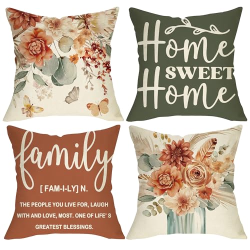 Home Sweet Home Decorative Throw Pillow Covers 18 x 18 Set of 4 - color: Orange Flowers, size: 18" x 18" (Pack of 4)