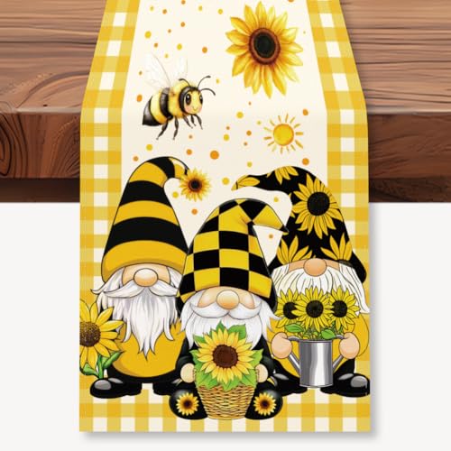 WADORN Sunflower Gnomes Bee Table Runner, 13x72 Inch Gnome Buffalo Plaid Yellow Kitchen Dining Table Decoration Spring Summer Seasonal Farmhouse Holiday Table Runner for Home Party Decor - size: Sunflower Gnomes Bee