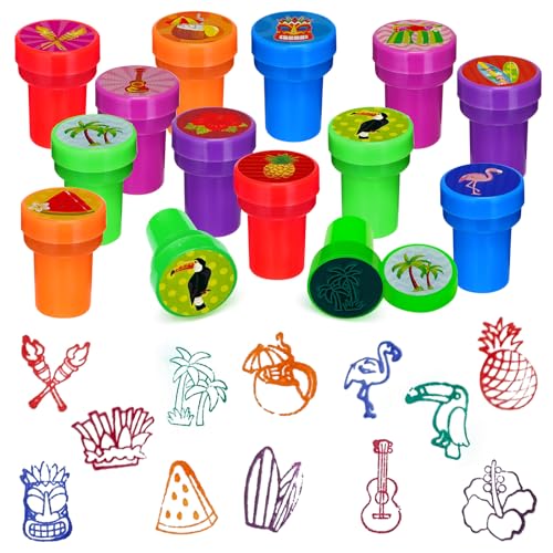 Cinrobiye 24 Pcs Hawaiian Luau Stampers for Kids, Tropical Party Favor Set, Hawaii Theme Stampers with Palm Tree Hibiscus Surf Designs, Luau Birthday Party Supplies, Classroom Rewards, Goody Bags - color: Hawaiian Luau