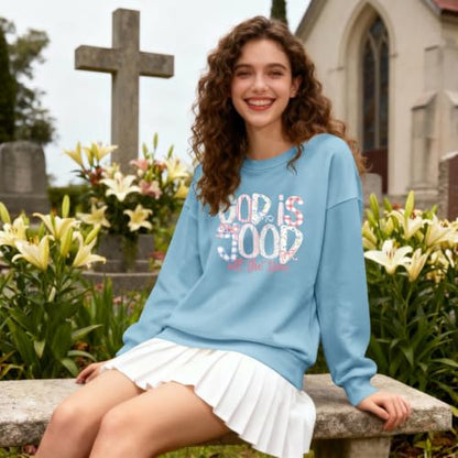 Christian God Is Good Sweatshirts for Women Jesus Bow Bible Verse Sweatshirt Faith Religious Graphic Hoodies - color: Sky Blue, size: XX-Large