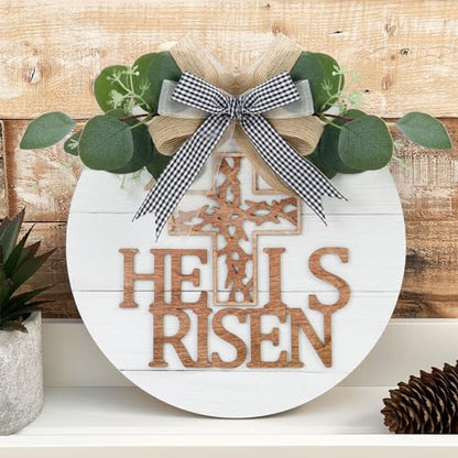 TOARTi He is Risen Easter Front Door Sign Wreath (11.4"x11.4"), Rustic Christian Cross Wall Sign Hanging Plaque, Farmhouse Religious Home Wooden Door Decoration for Housewarming Easter Gift