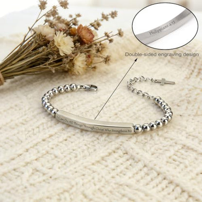 Inspirational Christian Bracelet for Women, Stainless Steel Beaded Cross Jewelry with Bible Verse, Religious Faith Gift for Mom, Daughter, Sister, Friend - color: I can do all things through Christ who strengthens me-Silver Bead