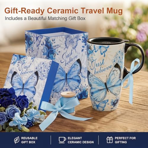 Topadorn 17oz Ceramic Travel Mug with Lid, Blue Butterfly Mug - color: Butterfly