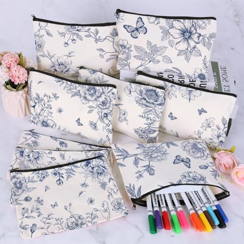 30Pcs Blue and White Floral Makeup Bag Floral Cosmetic Bags Bulk for Women Chinoiserie Wildflower Canvas Travel Toiletry Pouch for Bridesmaids Wedding Bridal Shower Birthday Party Supplies - style: Blue Floral
