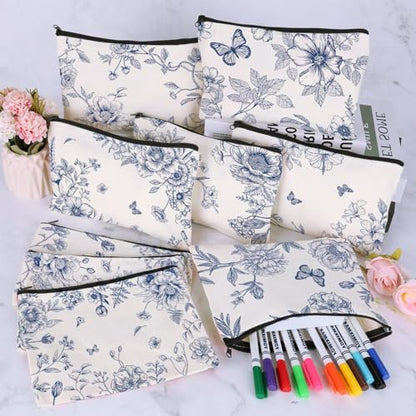 30Pcs Blue and White Floral Makeup Bag Floral Cosmetic Bags Bulk for Women Chinoiserie Wildflower Canvas Travel Toiletry Pouch for Bridesmaids Wedding Bridal Shower Birthday Party Supplies - style: Blue Floral