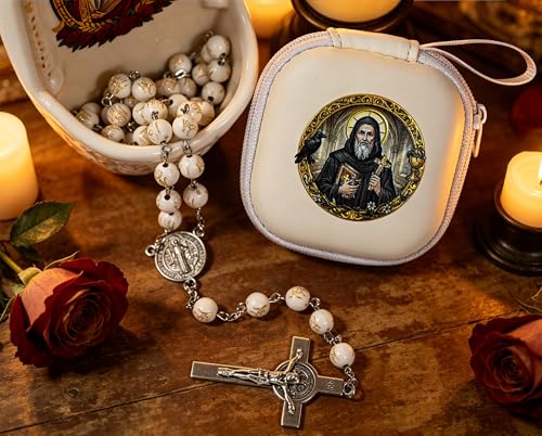 Handmade Rosary Beads for Women, Elegant Catholic Gifts for First Communion, Confirmation & Spiritual Prayer, Unique Beaded Rosary Necklace with Zippered Case - color: White - St.Benedict