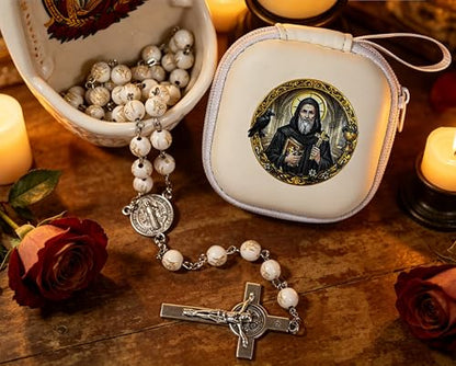 Handmade Rosary Beads for Women, Elegant Catholic Gifts for First Communion, Confirmation & Spiritual Prayer, Unique Beaded Rosary Necklace with Zippered Case - color: White - St.Benedict