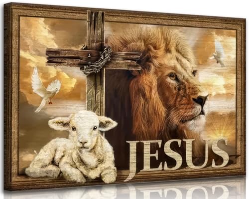 Jesus Christian Canvas Wall Art Vintage Judah Lion and Lamb God Religious Faith Poster Print Artwork Cross Bible Art Redemption Painting Picture for Living Room Bedroom Church Decor 16x24in canvas - size: 24"L x 16"W