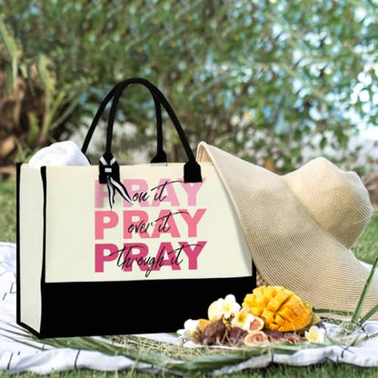 jeilink Inspirational Religious Gifts Boss Mom Birthday Christmas Tote Bag Canvas Reusable Grocery Beach Tote Black Pink - color: Pray on It 1194