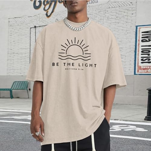 Christian Be The Light Shirts for Men Jesus God Faith Religious Bible Verse T Shirt Oversized Acid Wash Graphic Tees - color: Apricot, size: Large