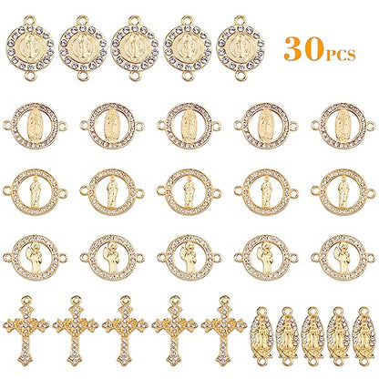 30pcs Golden Alloy Mixed Rhinestone Religious Cross and Center Miraculous Medal Charms Our Lady Virgin Mary Jesus Pendant Links for DIY Rosary Beads Necklace Jewelry Making, 6 Styles