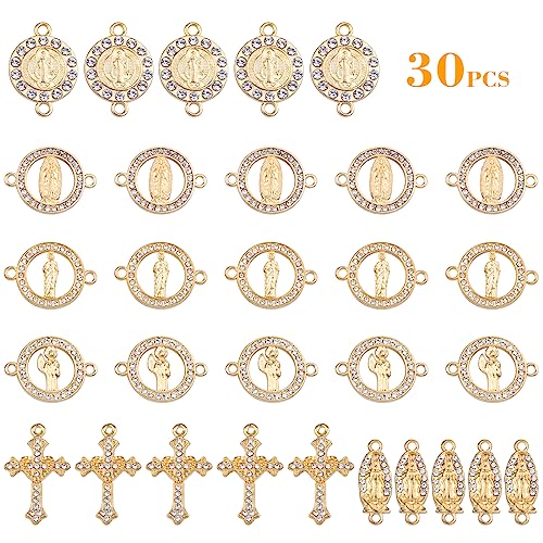 30pcs Golden Alloy Mixed Rhinestone Religious Cross and Center Miraculous Medal Charms Our Lady Virgin Mary Jesus Pendant Links for DIY Rosary Beads Necklace Jewelry Making, 6 Styles