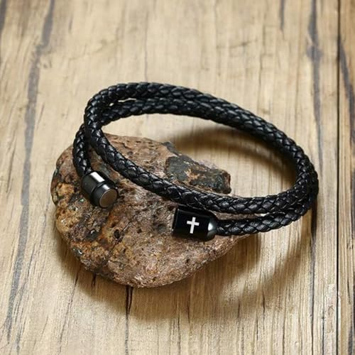 Leather Cross Bracelets for Men : Black Genuine Braided Double Wrap Jesus Cross Braided Leather Bracelets with Stainless Steel Clasp for Men Boyfriend,Christian Jewelry Gifts,8 Inches