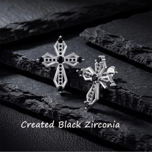 Sterling Silver Dainty Cross Earrings For Women, Christian Religious Faith Cubic Zirconia Stud Earrings - color: black zirconia