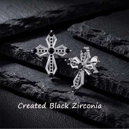 Sterling Silver Dainty Cross Earrings For Women, Christian Religious Faith Cubic Zirconia Stud Earrings - color: black zirconia