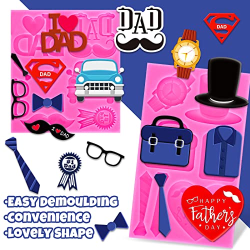 Whaline 2Pcs Father's Day Fondant Molds I Love DAD 3D Silicone Moulds Watch T-shirt Mustache Tie Pattern Resin Molds Cupcake Cookie Baking Decorating Moulds for Dad Birthday Party DIY Candy - style: Father's Day