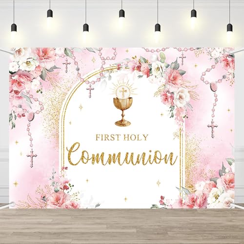 AIBIIN 8x6ft First Holy Communion Backdrop for Girl Mi Primera Comunión Party Decorations Pink and Elegant Floral Party Banner Flower Garland Dove Bible God Bless Party Photo Props - color: Pink, size: 8x6ft