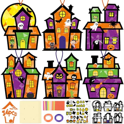 Renbuzhu 36PCS Halloweens Crafts Bulk: Haunted House Paper Suncatchers DIY Kit Party Activities Decorations, Window Stained Glass Effect Art Supplies - style: haunted house