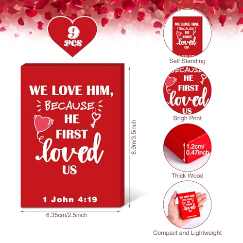Yousoontic 9 Pcs Christian Valentine's Day Decor Bible Verse Religious Jesus Table Decorations Wood Block Sign Rustic Valentines Love Tiered Tray Decor for Church Home Shelf Table Top(Classic)