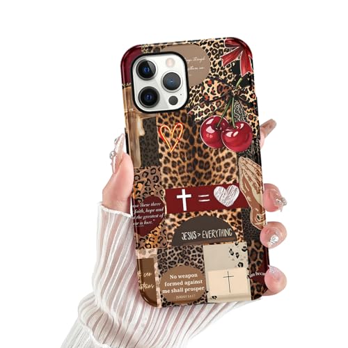 for iPhone 12 Pro Max 6.7'' Brown Cheetah Christian Phone Case - color: Red Cherry Leopard Collage, size: iPhone 12 Pro Max