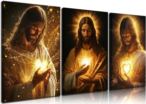 Jesus Canvas Wall Art, 3 Piece Gallery Wrapped Christian Prints, 12x16 - color: Sacred Heart of Jesus, size: 16"L x 12"W