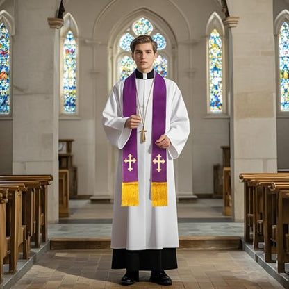 Brilucky Clergy Stole for Men Church Supplies,Choir Stole with Cross for Wedding Officiant Priest Robe Accessories,Baptism Catholic Church Priest Mass Stoles Accessories,Purple Cloth for Easter Cross