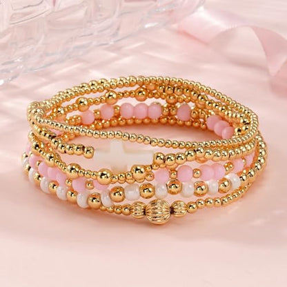 Gold Beaded Bracelets Stack for Women Stackable 14K Gold Plated Beads Ball Cross Bracelet Boho Christian Jewelry Faith Friendship Birthday Gifts for Women - color: 6pcs-Pink White
