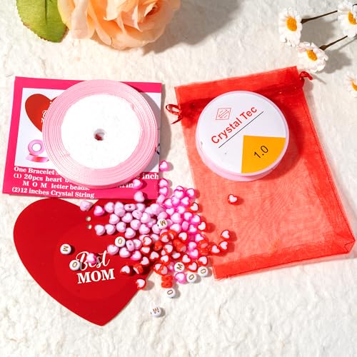 BeYumi Mom Bracelet Craft Kit - 24 Pack Mother's Day Mom Letter Heart Beads Bracelets with Heart Gift Cards and Bags DIY Thankful Craft Kit to Mothers School Classroom Party Fun Activities Ages 6-12 - style: MOM