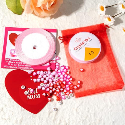 BeYumi Mom Bracelet Craft Kit - 24 Pack Mother's Day Mom Letter Heart Beads Bracelets with Heart Gift Cards and Bags DIY Thankful Craft Kit to Mothers School Classroom Party Fun Activities Ages 6-12 - style: MOM