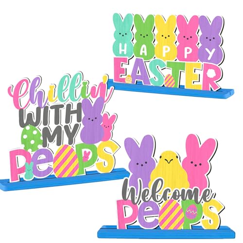 3Pcs Happy Easter Table Sign Decoration Wooden Bunny Bunny Tabletop Centerpiece Chillin with My Bunny Easter Table Topper Spring Party Bunny Sign for Home Office Easter Holiday Party Table Supplies